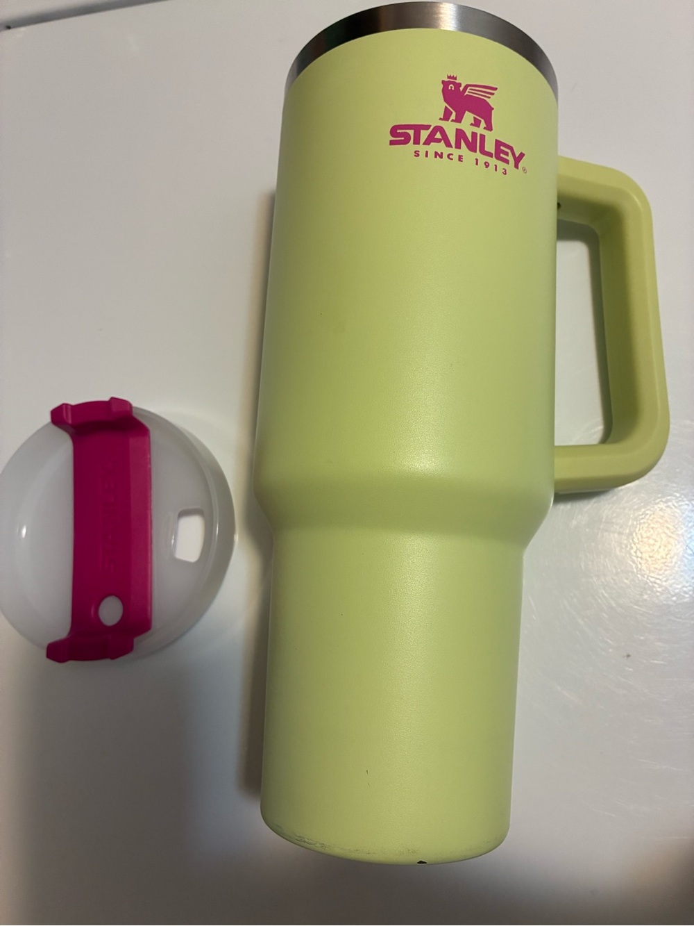 Retired Stanley Citron Lime Green Tumbler with Pink Logo and Accent Lid
